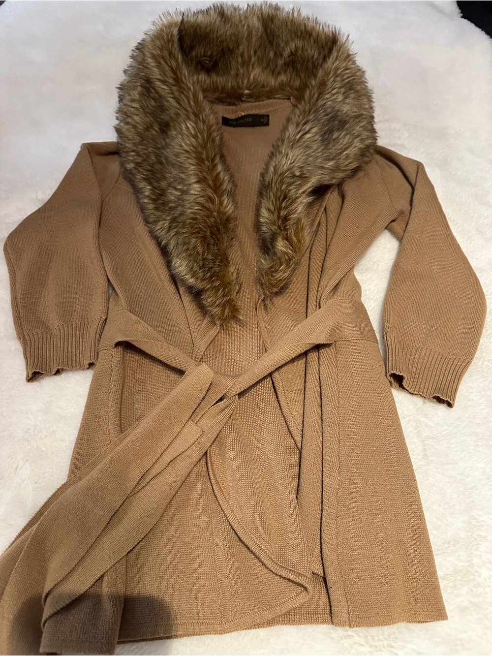 The Limited Camel Faux-Fur Collar Belted Long Cardigan